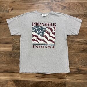 Vintage Y2K Indianapolis Indiana Graphic T-shirt Men Large Gray USA Striped Tee